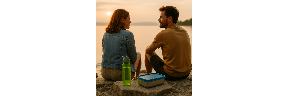 „Wir sitzen am Bodenseeufer, Füße im Wasser, und sortieren unseren Outdoor-Knistern: die knallgrüne Contigo-Trinkflasche – cooler als eine Sansibar-Limo –, daneben die elegante Edelstahlbox in Blueberry Bliss. Kein Plastik, kein Pökeln, nur chillige Autar - Camping-Boogie am Bodensee – mit Stil, Sonne &amp; Sicherheit
