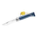 Opinel-Messer No. 8, Sandvik-Stahl 12C27, poliert, rostfrei, Griff mit blauem Kalbslederüberzug, Virobloc-Sicherung