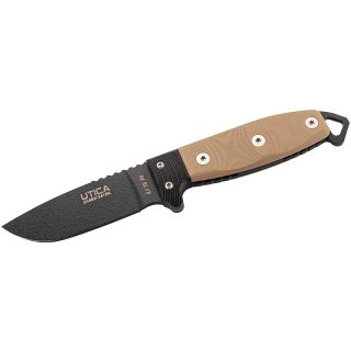UTICA Messer Survival S3, Nicht-rostfreier Stahl 1095, beschichtet, Sand-schwarzer Micartagriff, Kydexscheide