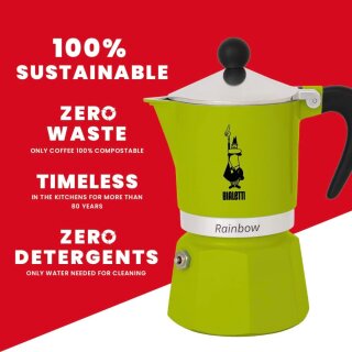 Bialetti 4972 Rainbow Caffettiera Colorata, Alluminio, 3 Tassen, Grün