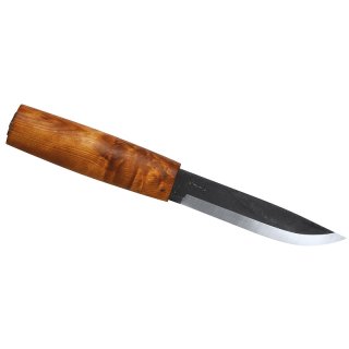 Helle Dreilagen-Carbonstahl Messer, Modell VIKING,, geölter Birkenholzgriff, braune Köcher-Lederscheide