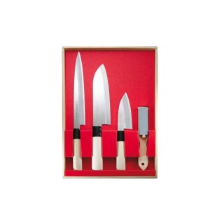 Japanisches Kochmesser-Set, 3 Messer und Abziehstein,, Stahl 420J2, Holzgriff
