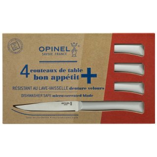 Opinel Bon Appetit+ Tafelmesser, 4-tlg., Sandvik-Stahl 12C27, rostfrei, Mikrozahnung, hellgrauer Polymer-Kunststoffgriff