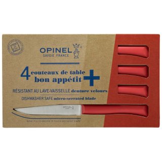 Opinel Bon Appetit+ Tafelmesser, 4-tlg., Sandvik-Stahl 12C27, rostfrei, Mikrozahnung, roter Polymer-Kunststoffgriff