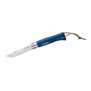 Opinel-Messer Nr. 8, rostfreier Sandvik-Stahl 12C27,, Buchenholzgriff blau, Lederriemen, Virobloc-System