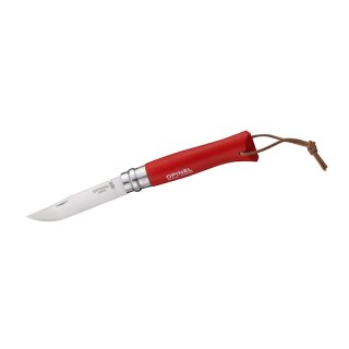 Opinel-Messer Nr. 8, rostfreier Sandvik-Stahl 12C27,, Buchenholzgriff rot, Lederriemen, Virobloc-System