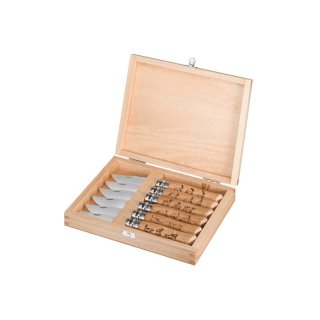 Opinel-Messer, Größe 8, Animalia-Kollektion, Holzbox,, Set mit 6 Messern, Sandvikstahl 12C27, rostfrei, Eichenholz